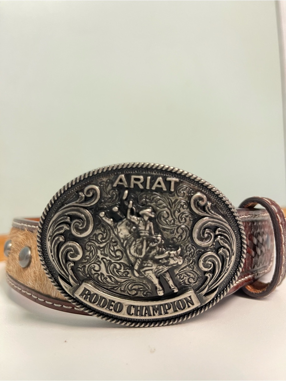 Ariat Brown and Tan Hair-On Rodeo Champion Belt with Silver Buckle